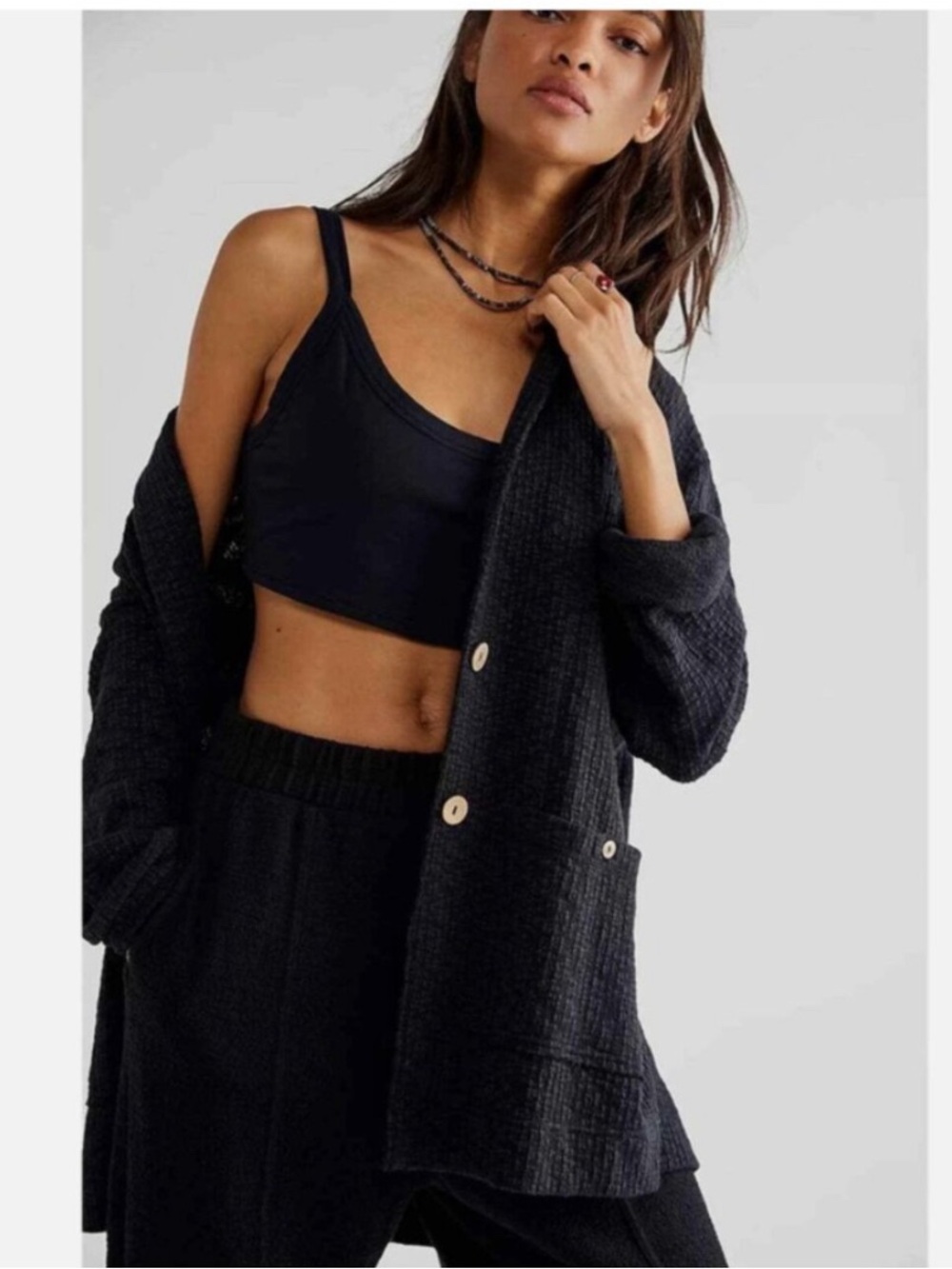 Free People FP Beach Black Textured Oversized Reign Cardigan Jacket Blazer XS